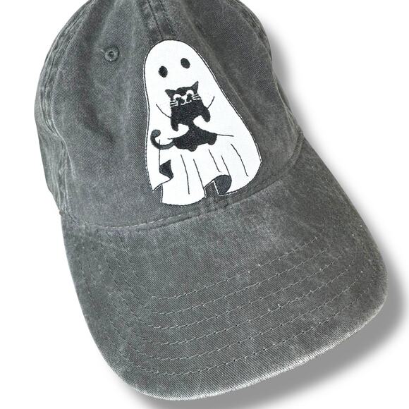 Hats Amore LLC Dark Gray Ghost Holding Black Kitty Patch Adjustable Baseball Hat - Picture 5 of 8